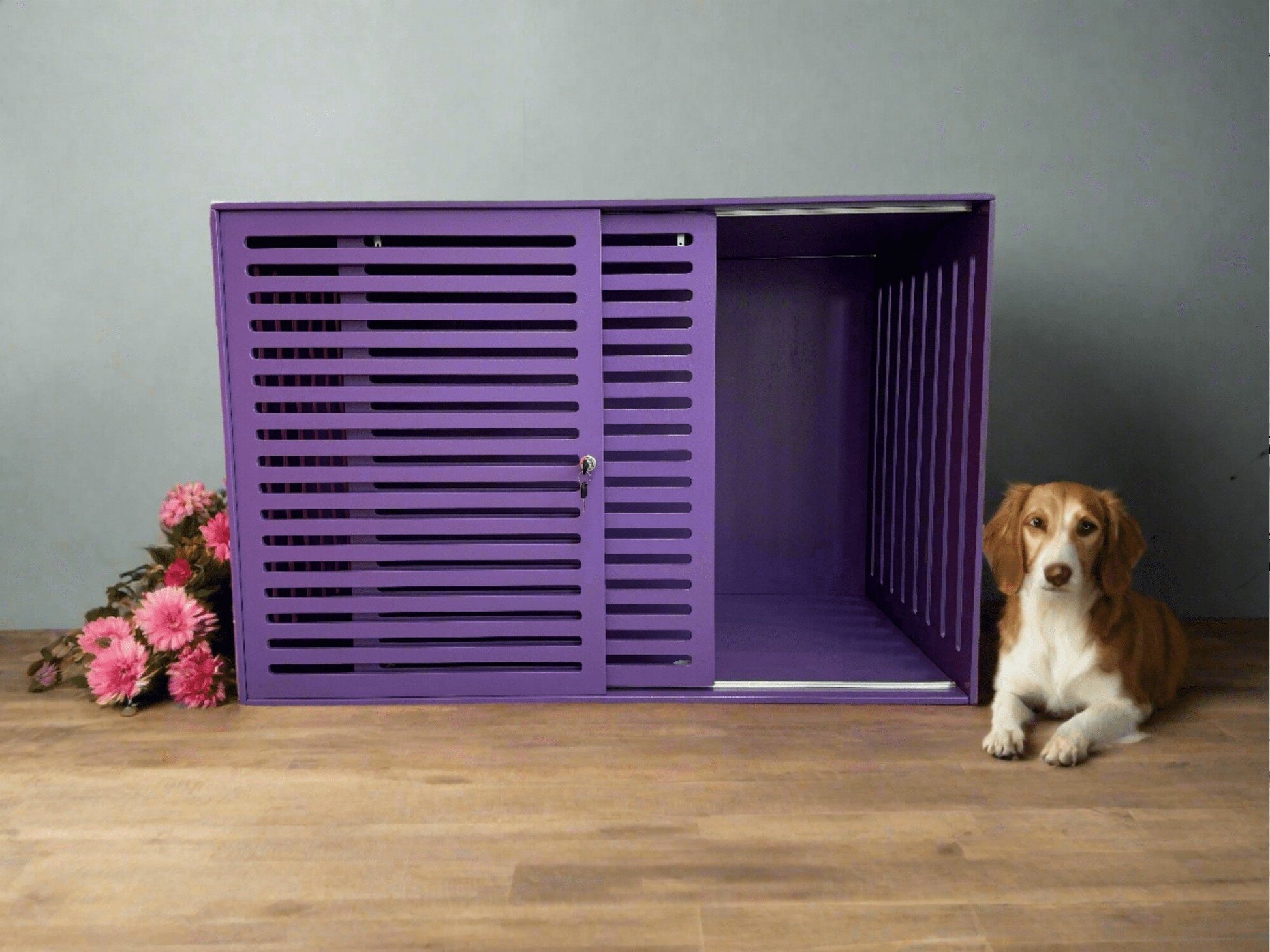 Violet Comfortable Dog Safe House - Modern Brown Cage with Sliding Door - Image 2