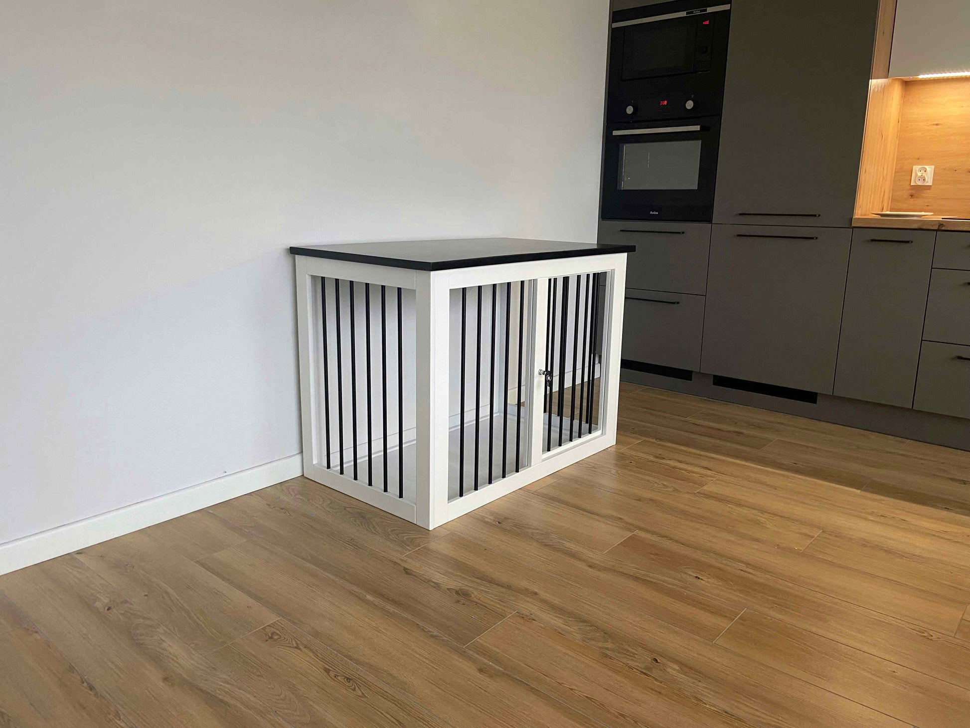 Safe and Elegant Black+White Dog Crate Furniture with Sliding Door - Image 9