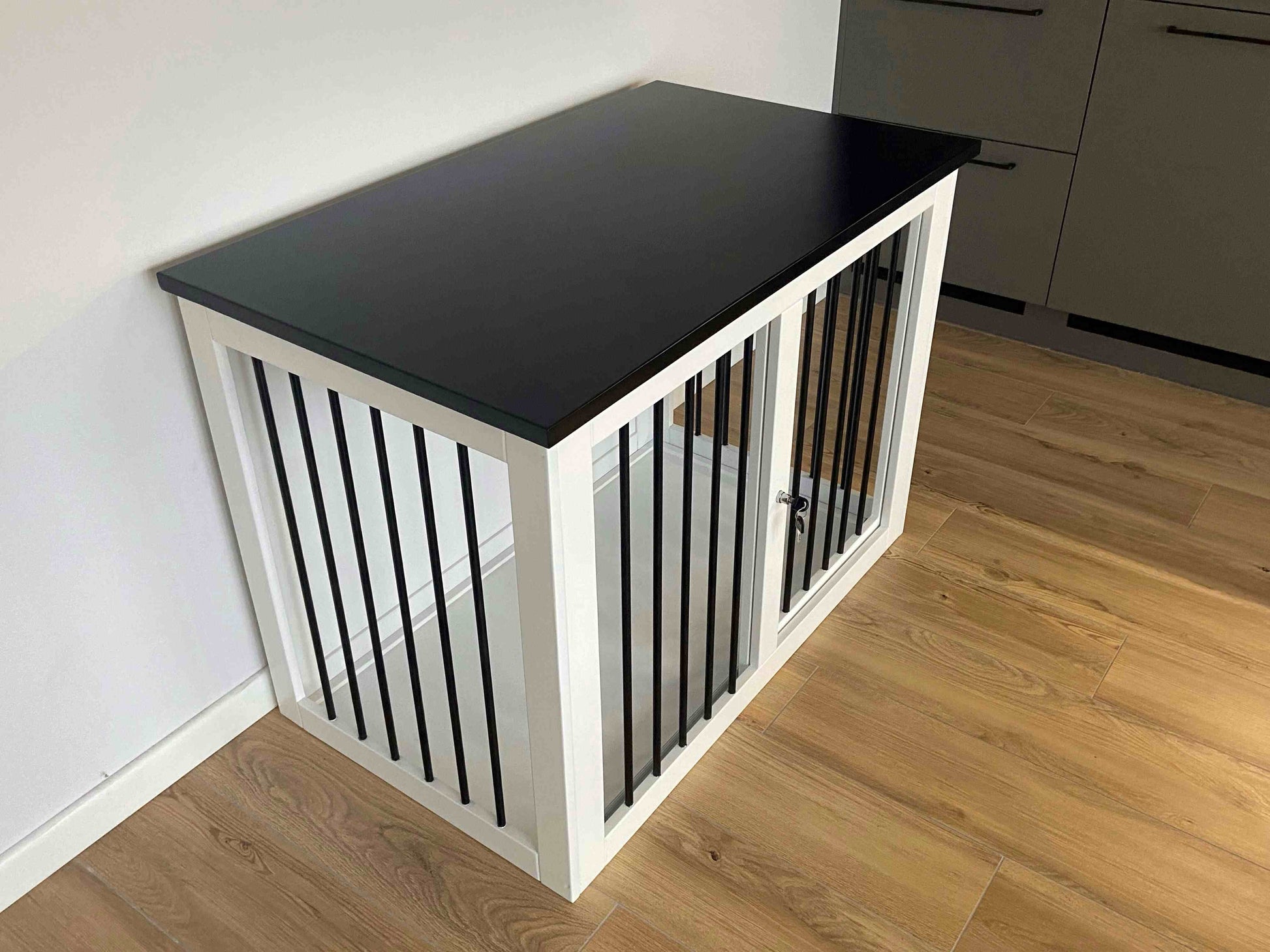 Safe and Elegant Black+White Dog Crate Furniture with Sliding Door - Image 2